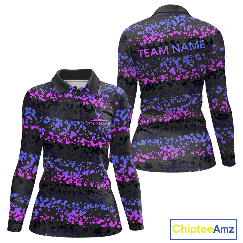 Personalized Purple Pink Pixel Women Golf Polo Shirt Custom Name Camo Golf Apparel NYN4571