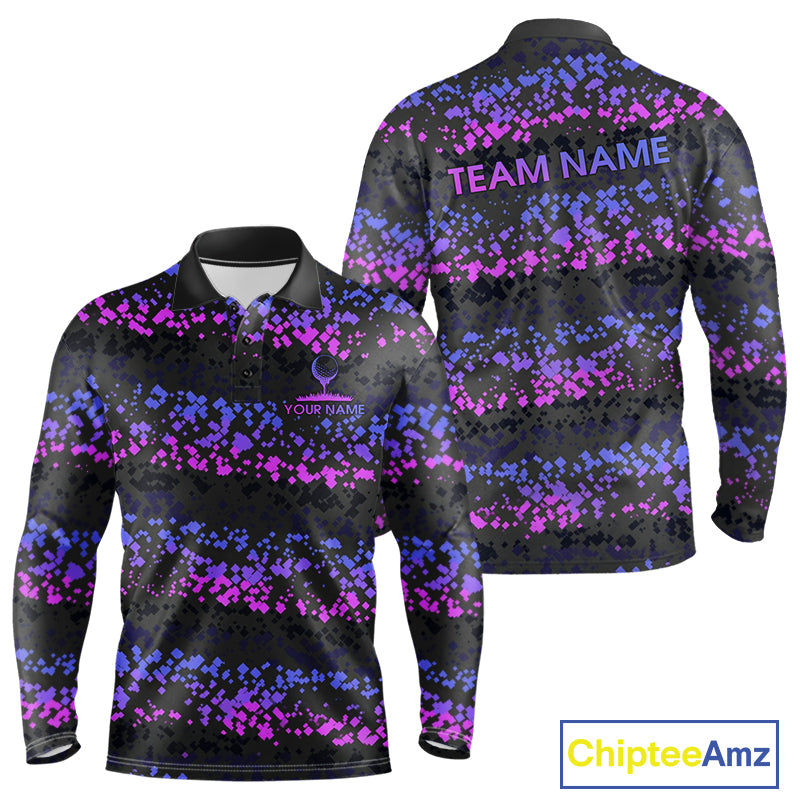 Personalized Purple Pink Pixel Men's Golf Polo Shirt Custom Name Camo Golf Apparel NYN4571