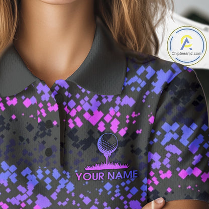 Personalized Purple Pink Pixel Women Golf Polo Shirt Custom Name Camo Golf Apparel NYN4571