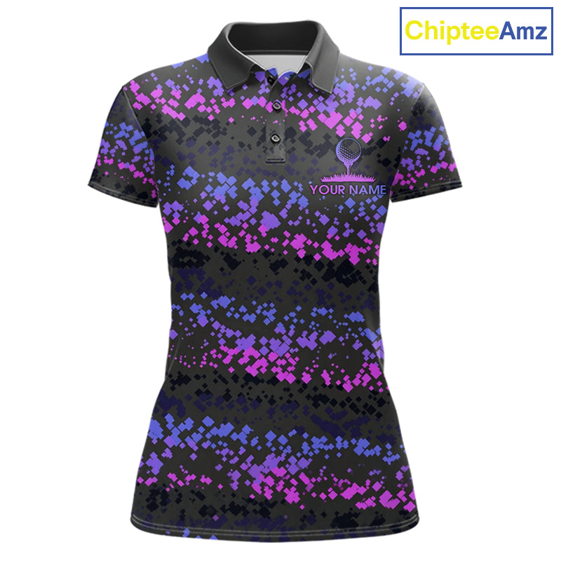 Personalized Purple Pink Pixel Women Golf Polo Shirt Custom Name Camo Golf Apparel NYN4571
