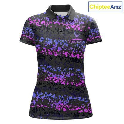 Personalized Purple Pink Pixel Women Golf Polo Shirt Custom Name Camo Golf Apparel NYN4571