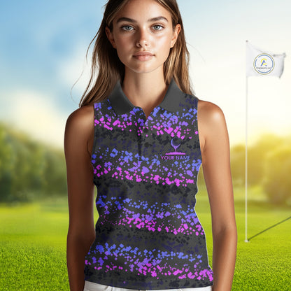 Personalized Purple Pink Pixel Women Golf Sleeveless Polo Shirt Custom Name Camo Golf Apparel NYN4571