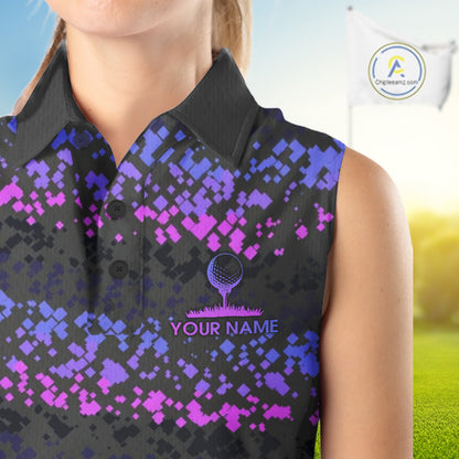 Personalized Purple Pink Pixel Women Golf Sleeveless Polo Shirt Custom Name Camo Golf Apparel NYN4571