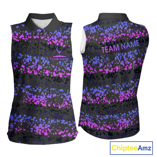 Personalized Purple Pink Pixel Women Golf Sleeveless Polo Shirt Custom Name Camo Golf Apparel NYN4571