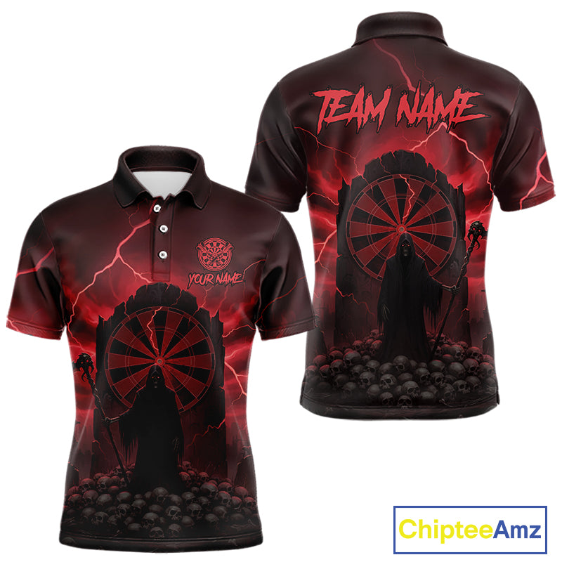 Custom Multi-Skull Lightning Red Dartboard Dart Men Polo Jerseys Grim Reaper Dart Shirts NYN1736