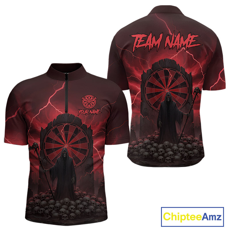 Custom Multi-Skull Lightning Red Dartboard Dart Men Quarter-Zip Jerseys Grim Reaper Dart Shirts NYN1736