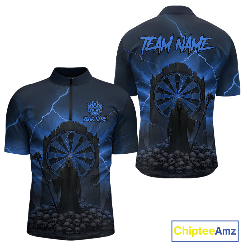 Custom Multi-Skull Lightning Blue Dartboard Dart Men Quarter-Zip Jerseys Grim Reaper Dart Shirts NYN1738