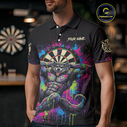 Colorful Splatter Funny Wolf Dartboard Custom Darts Polo Shirt For Men Dart Team Gifts NYN2001