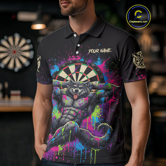 Colorful Splatter Funny Wolf Dartboard Custom Darts Polo Shirt For Men Dart Team Gifts NYN2001
