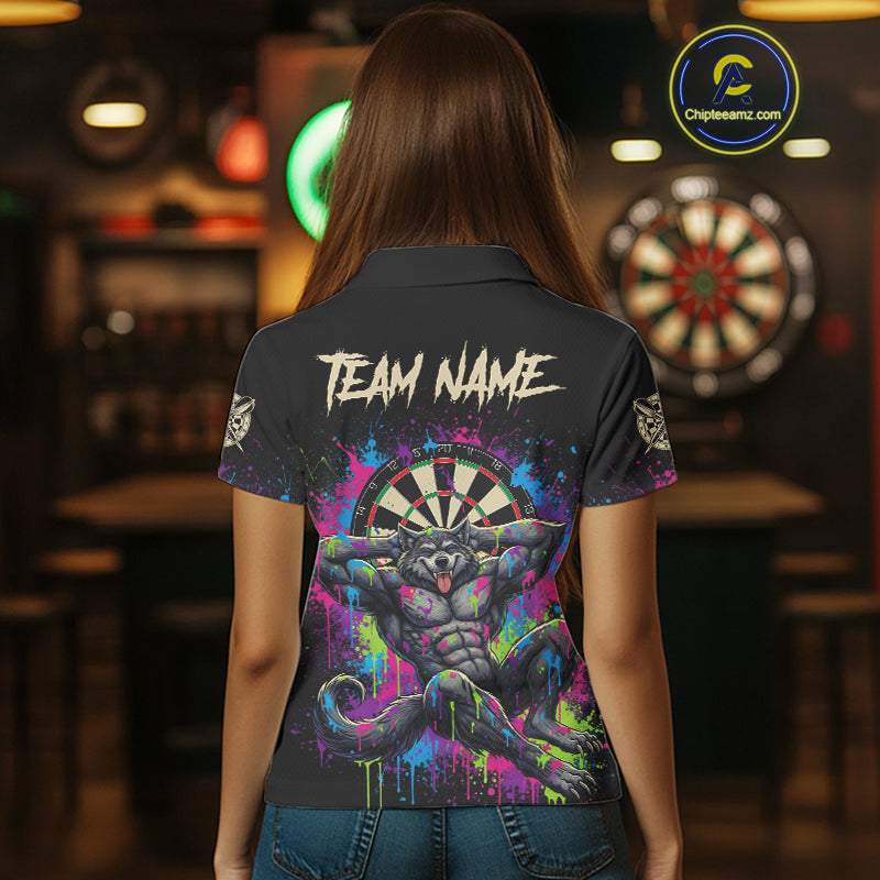 Colorful Splatter Funny Wolf Dartboard Custom Darts Polo Shirt For Women Dart Team Gifts NYN2001