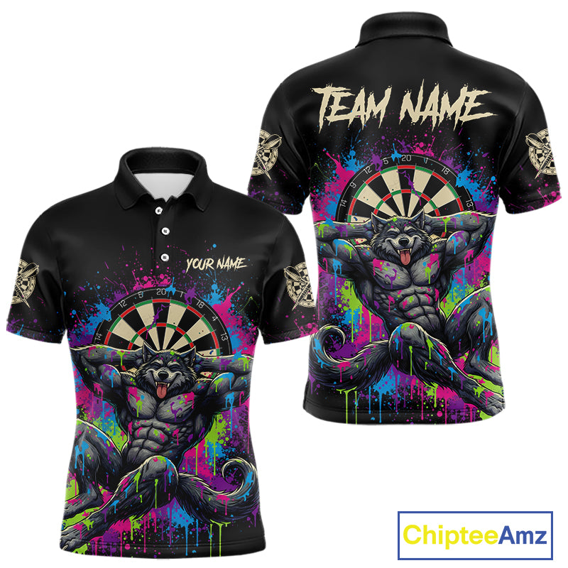 Colorful Splatter Funny Wolf Dartboard Custom Darts Polo Shirt For Men Dart Team Gifts NYN2001