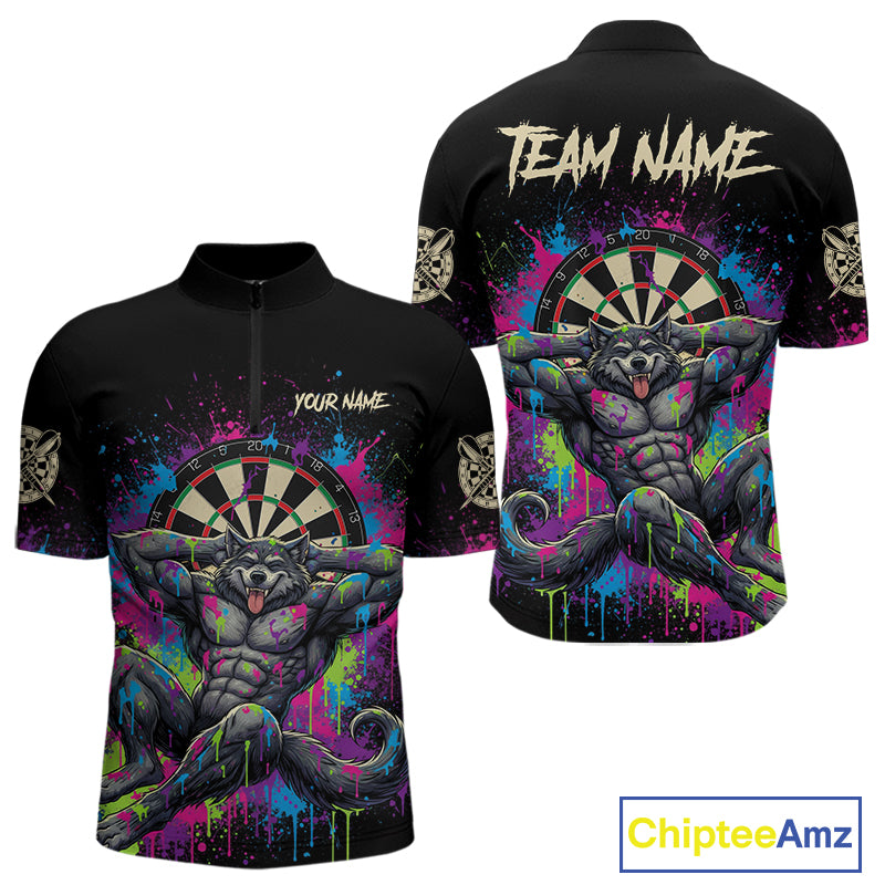 Colorful Splatter Funny Wolf Dartboard Custom Darts Quarter-Zip Shirt For Men Dart Team Gifts NYN2001