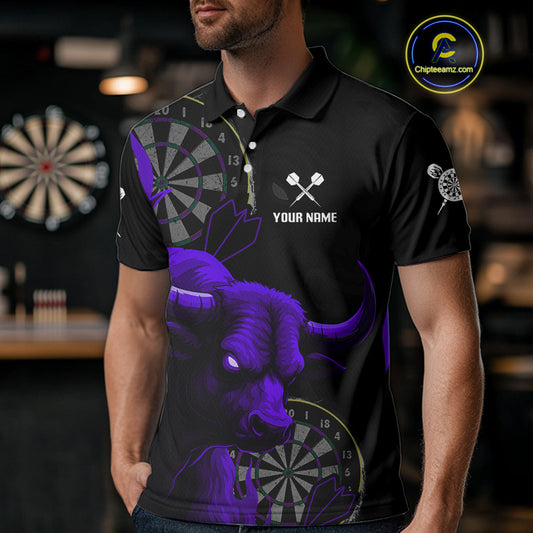 Purple Ferocious Bull Grunge Dartboard Men Polo Darts Shirt Custom Name & Team Jersey NYN2005