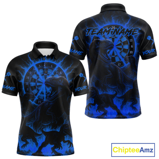 Custom Blue Flaming Dinosaurs Dartboard Polo Dart Shirt For Men Dinosaur Dart Jerseys NYN2007