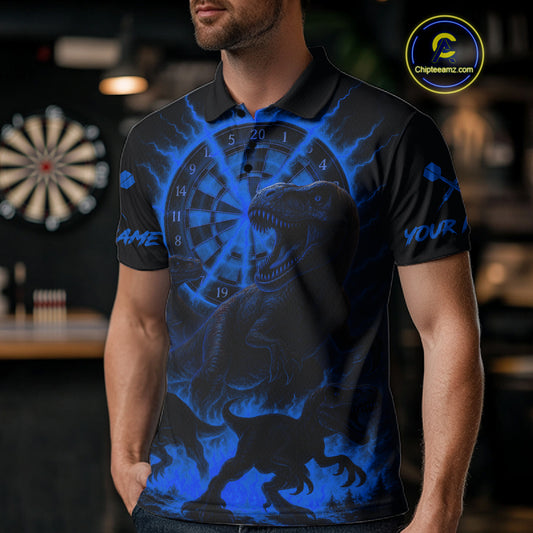Custom Blue Flaming Dinosaurs Dartboard Polo Dart Shirt For Men Dinosaur Dart Jerseys NYN2007