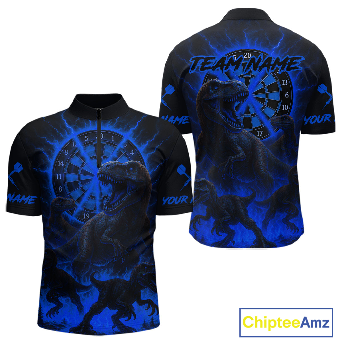 Custom Blue Flaming Dinosaurs Dartboard Quarter-Zip Dart Shirt For Men Dinosaur Dart Jerseys NYN2007
