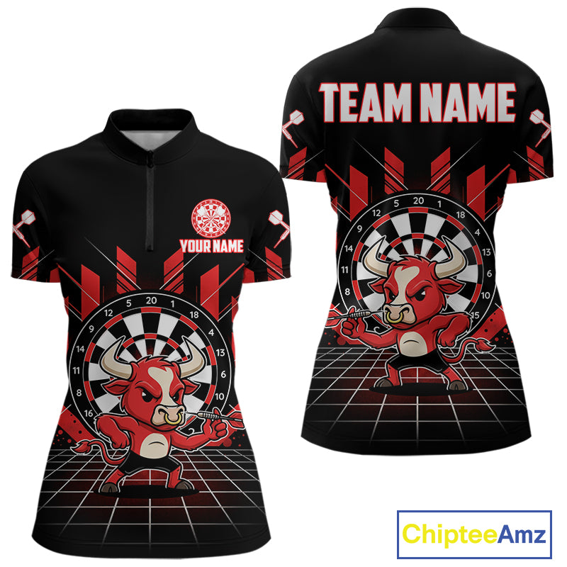 Custom Black And Red Geometry Funny Bull Dart Arrow Quarter-Zip Dart Shirt For Women Dart Jerseys NYN2008