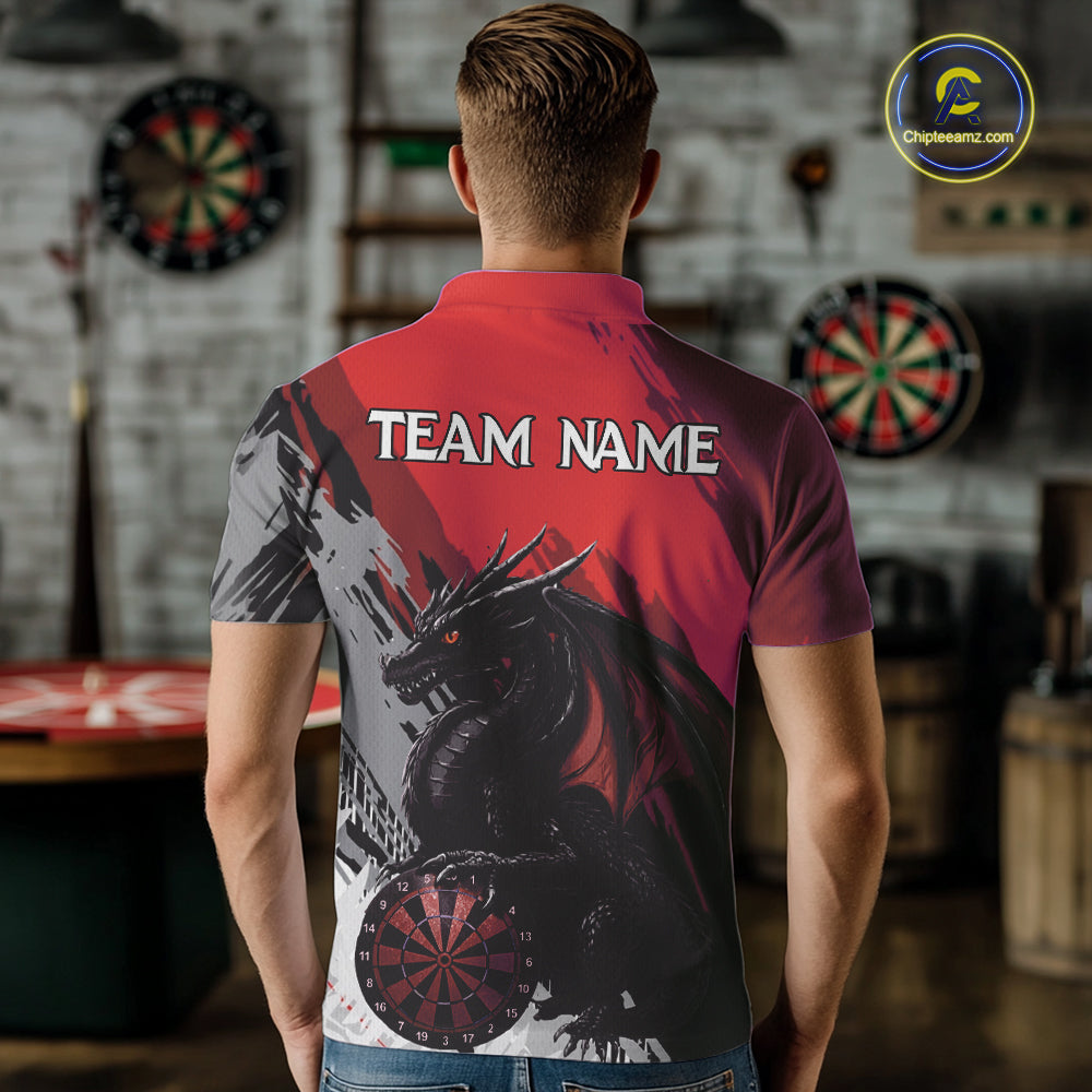 Red Grunge Dragon Dartboard Custom Men Darts Polo League Shirts Dragon Dart Jerseys NYN2239