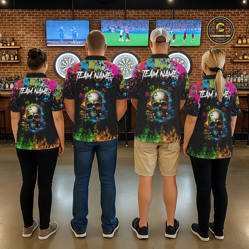 Custom Colorful Skull Dart Arrow Fire Flame Women Darts Quarter-Zip League Shirts Dart Jerseys NYN2242