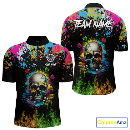 Custom Colorful Skull Dart Arrow Fire Flame Men Darts Quarter-Zip League Shirts Dart Jerseys NYN2242