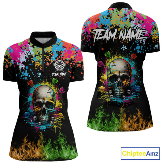 Custom Colorful Skull Dart Arrow Fire Flame Women Darts Quarter-Zip League Shirts Dart Jerseys NYN2242