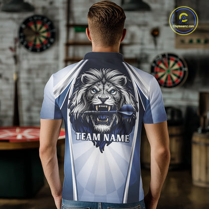 Personalized Blue And Silver Funny Lion Darts Shirt Lion Darts Polo & 1/4-Zip For Men Darts Gifts NYN2899