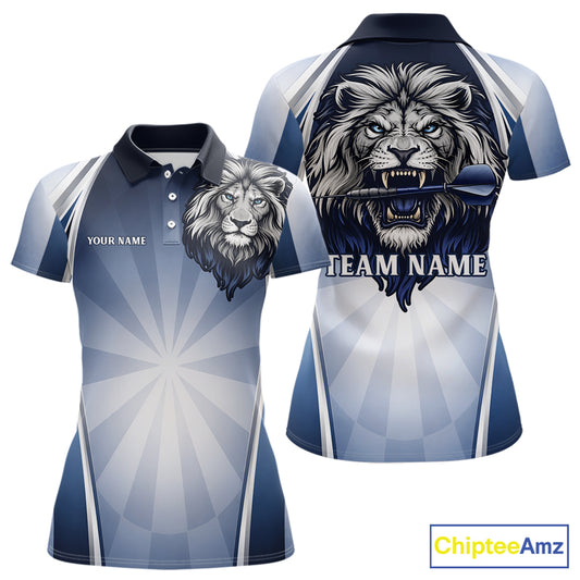 Personalized Blue And Silver Funny Lion Darts Shirt Lion Darts Polo & 1/4-Zip For Women Darts Gifts NYN2899