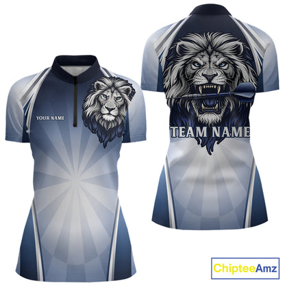 Personalized Blue And Silver Funny Lion Darts Shirt Lion Darts Polo & 1/4-Zip For Women Darts Gifts NYN2899