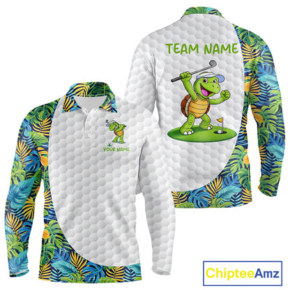 Golfing Turtle Mens Golf Polo Shirt Custom Tropical Pattern Monstera Golf Team Shirts NYN2907