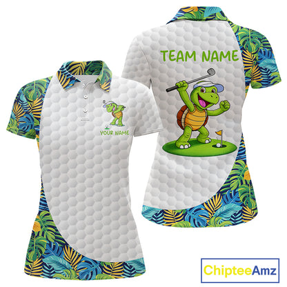 Golfing Turtle Womens Golf Polo Shirt Custom Tropical Pattern Monstera Golf Team Shirts NYN2907