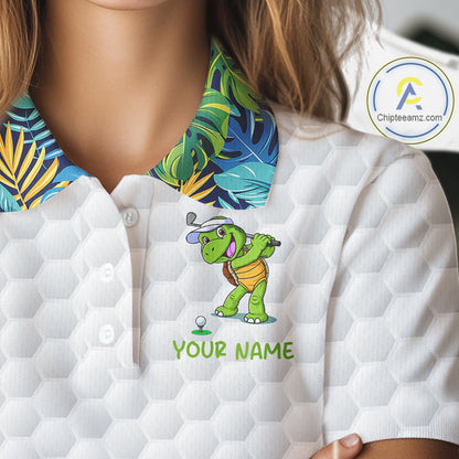 Golfing Turtle Womens Golf Polo Shirt Custom Tropical Pattern Monstera Golf Team Shirts NYN2907