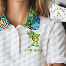Load image into Gallery viewer, Golfing Turtle Womens Golf Polo Shirt Custom Tropical Pattern Monstera Golf Team Shirts NYN2907