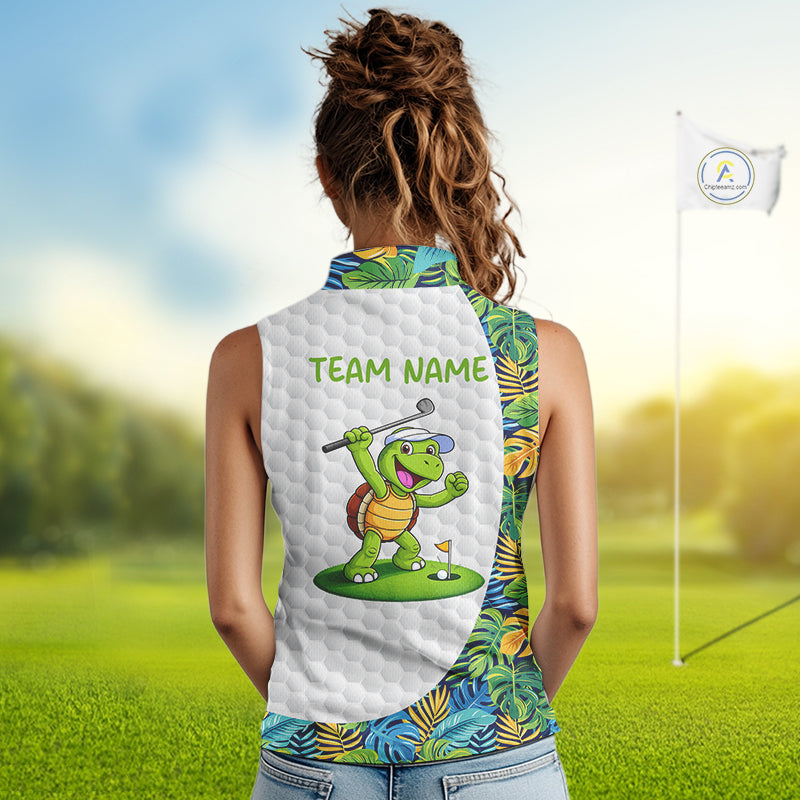 Golfing Turtle Womens Sleeveless Golf Polo Shirt Custom Tropical Pattern Monstera Golf Team Shirts NYN2907