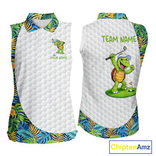Load image into Gallery viewer, Golfing Turtle Womens Sleeveless Golf Polo Shirt Custom Tropical Pattern Monstera Golf Team Shirts NYN2907