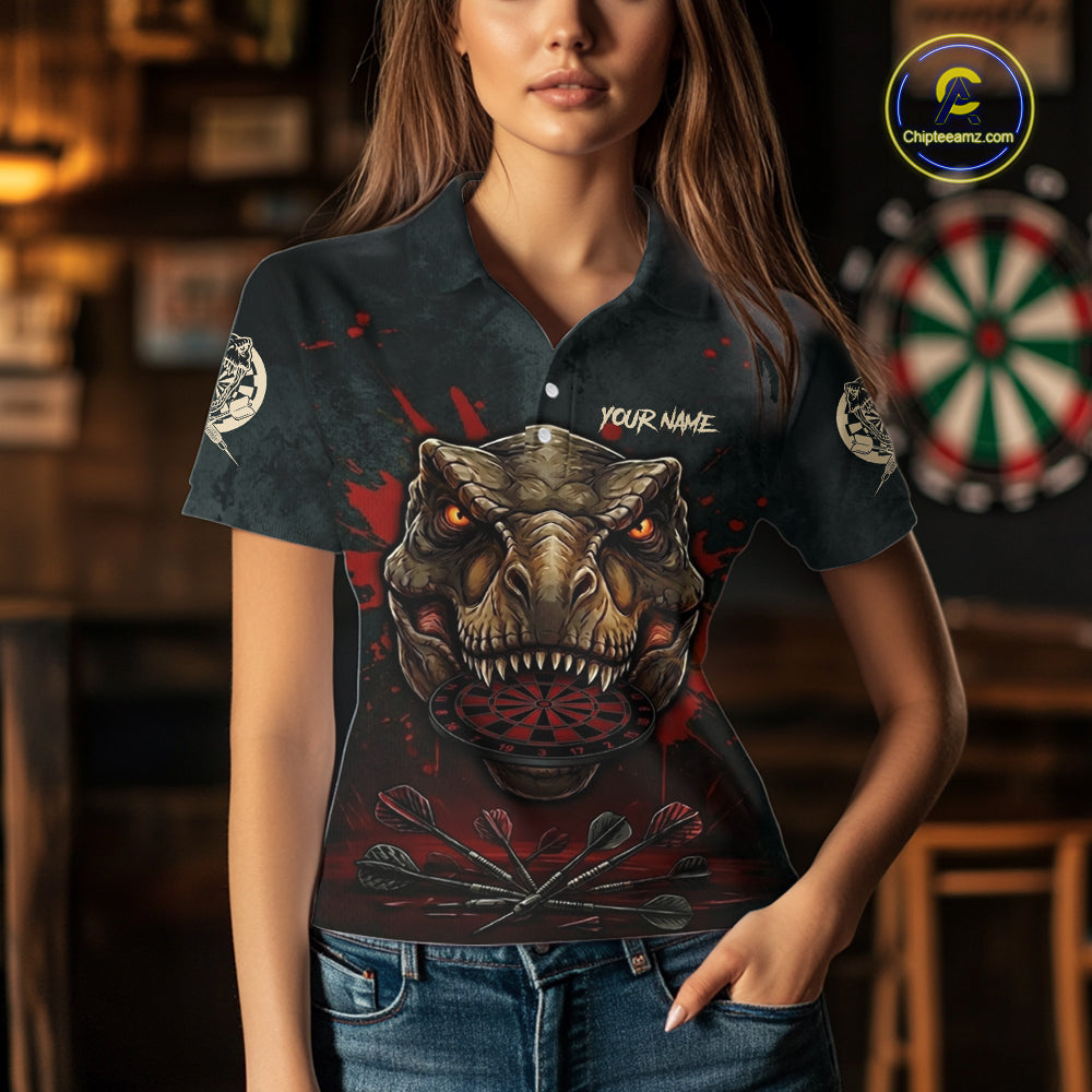 Red Splatter Grunge Dinosaur Darts Shirt For Women Custom Skeleton Horror Team Dart Jerseys NYN3118