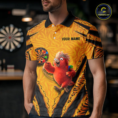 Custom Yellow Claws Pattern Darts Men Polo 14-Zip Shirt, Funny Parrot Darts Team Attire NYN3120