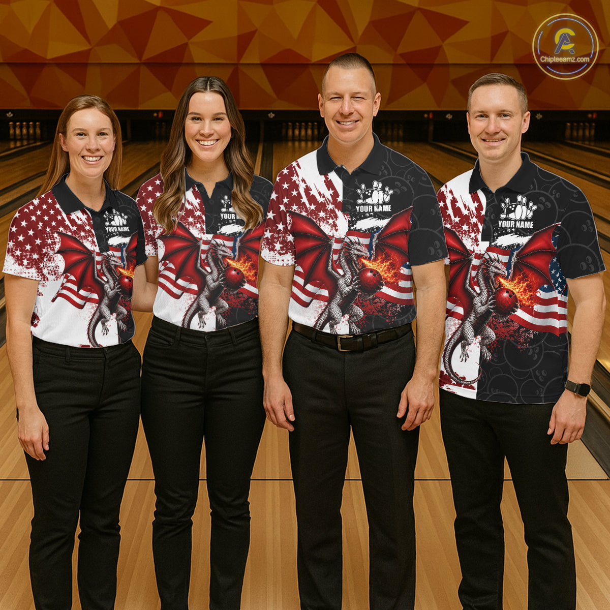Red, White And Black US Flag Women Bowling Shirt Custom Patriotic Dragon Fire Flame Bowling Team Jersey NYN3276