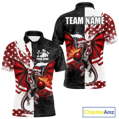 US Flag Men Bowling Shirt Custom Patriotic Dragon Flame Bowling Polo Jersey 
