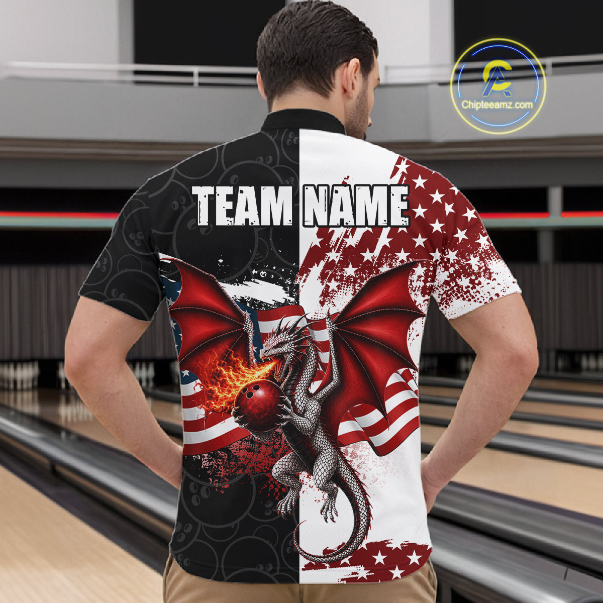 Red, White And Black US Flag Men Bowling Shirt Custom Patriotic Dragon Fire Flame Bowling Team Jersey NYN3276