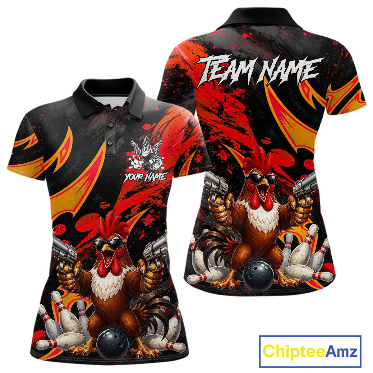 Red And Yellow Rooster Gun Women Bowling Polo Shirt Custom Funny Cute Bowling Team Outfits