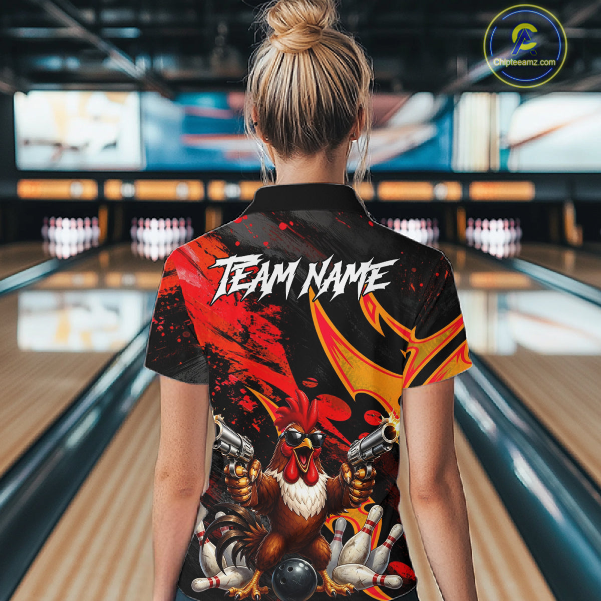 Red And Yellow Rooster Gun Women Bowling Shirt Custom Funny Grunge Cute Bowling Team Outfits NYN3279