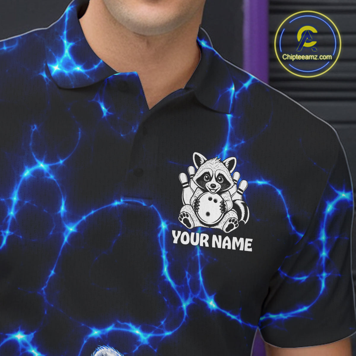 Funny Sleeping Raccoon Mens Bowling Shirt Custom Thunder Lightning Cute Bowling Team Outfits NYN3284