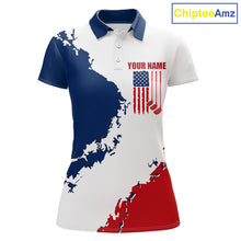 Load image into Gallery viewer, Women's American flag golf polo shirt, patriotic golf apparel, custom golf team shirt, red white blue golf uniform, ladies golf gift
