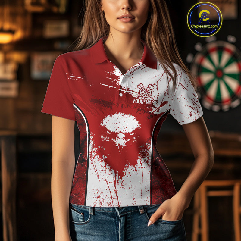 Personalized Eagle And Skull Grunge Red Dart Polo Shirts For Women, Dart Team Jerseys NYN0791