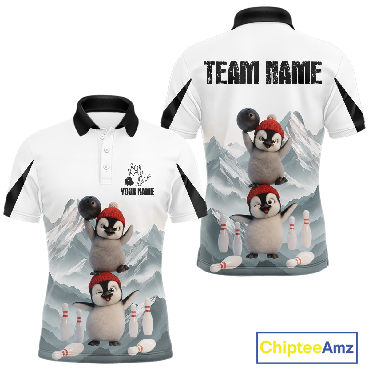 Funny Penguin Duo Men's Bowling Shirt Custom Name Iceberg Bowling Polo & Quarter-Zip Jersey NYN4168