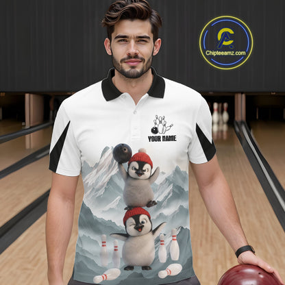 Funny Penguin Duo Men's Bowling Shirt Custom Name Iceberg Bowling Polo & Quarter-Zip Jersey NYN4168