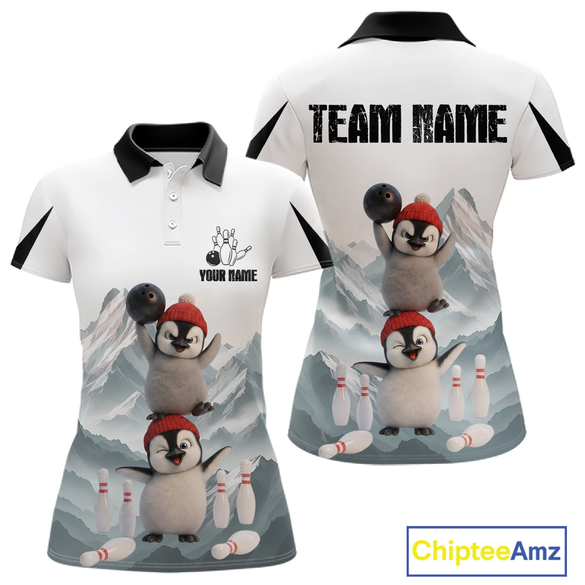Funny Penguin Duo Womens Bowling Shirt Custom Name Iceberg Bowling Polo & Quarter-Zip Jersey NYN4168