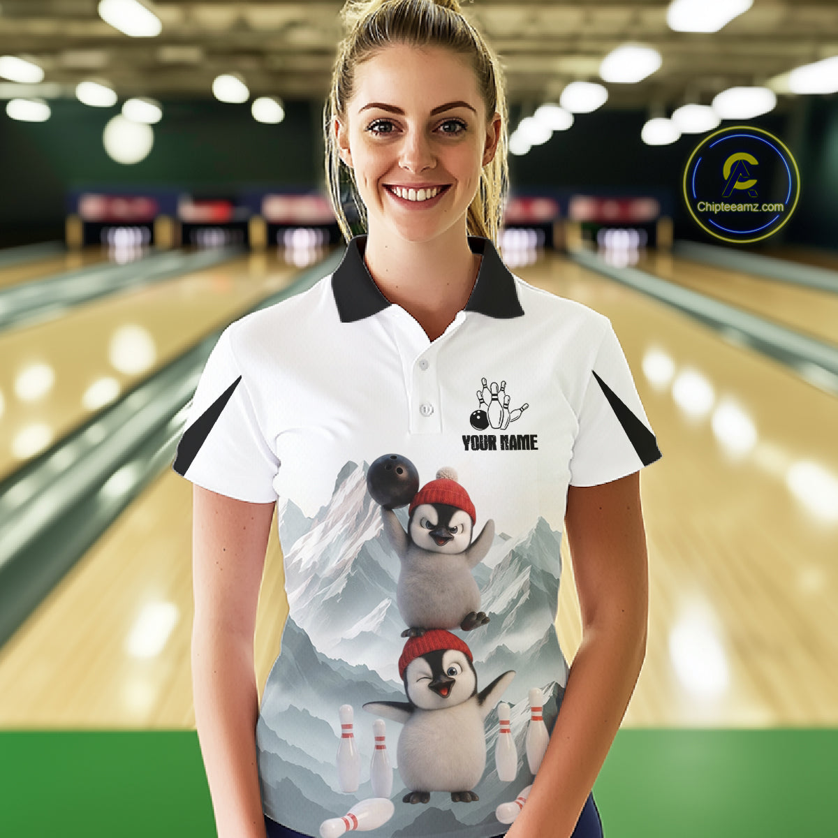 Funny Penguin Duo Womens Bowling Shirt Custom Name Iceberg Bowling Polo & Quarter-Zip Jersey NYN4168
