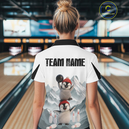 Funny Penguin Duo Womens Bowling Shirt Custom Name Iceberg Bowling Polo & Quarter-Zip Jersey NYN4168