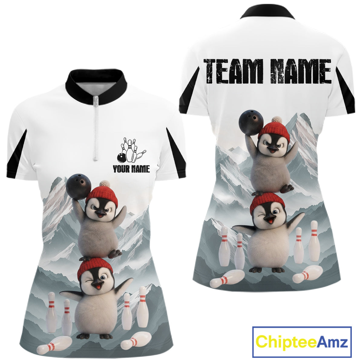 Funny Penguin Duo Womens Bowling Shirt Custom Name Iceberg Bowling Polo & Quarter-Zip Jersey NYN4168